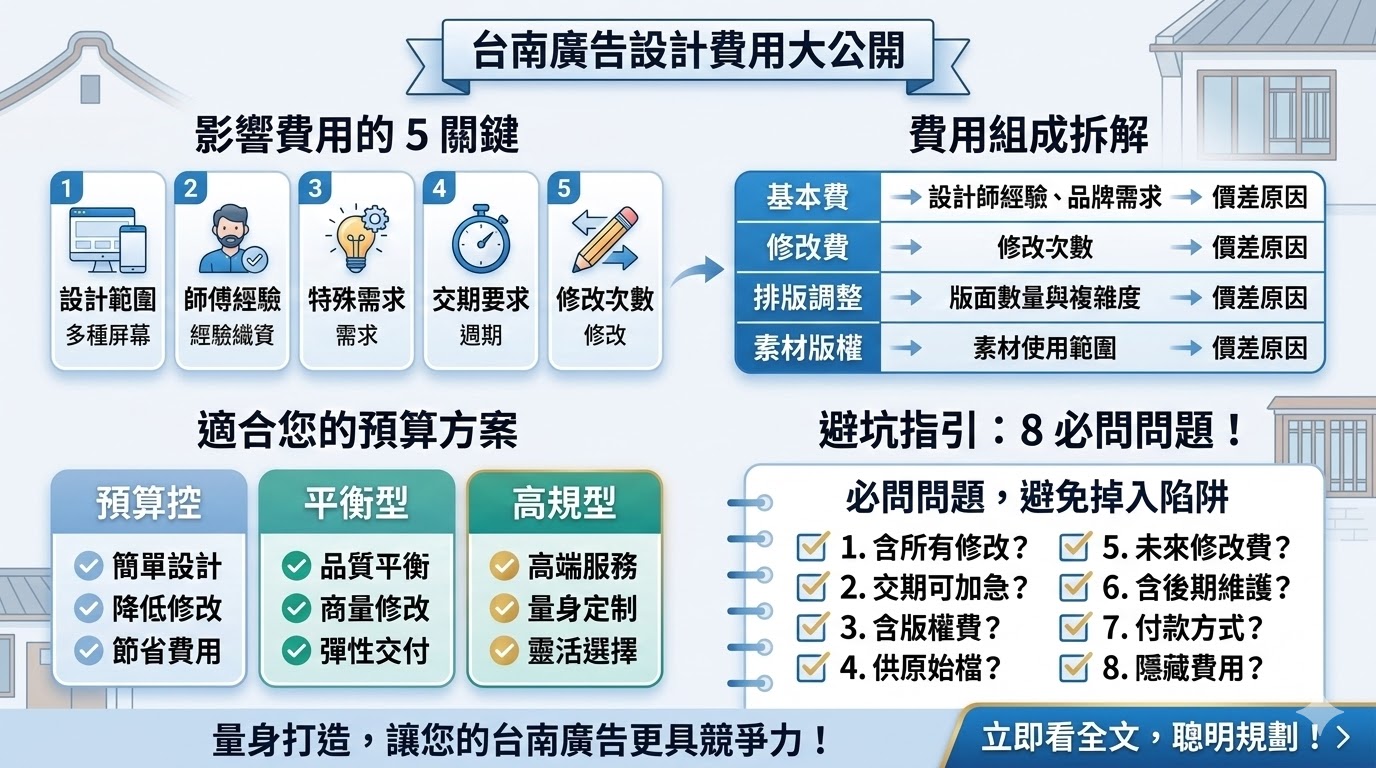 台南廣告設計服務專注於為當地企業打造具有吸引力且具效果的廣告方案。無論是品牌形象設計、網頁設計還是平面廣告，專業的設計師會根據客戶的需求量身定制，確保每一個設計都能完美呈現品牌特色，並提升市場曝光度。透過專業的台南廣告設計，您可以有效提升目標客群的關注度，進一步推動銷售業績。