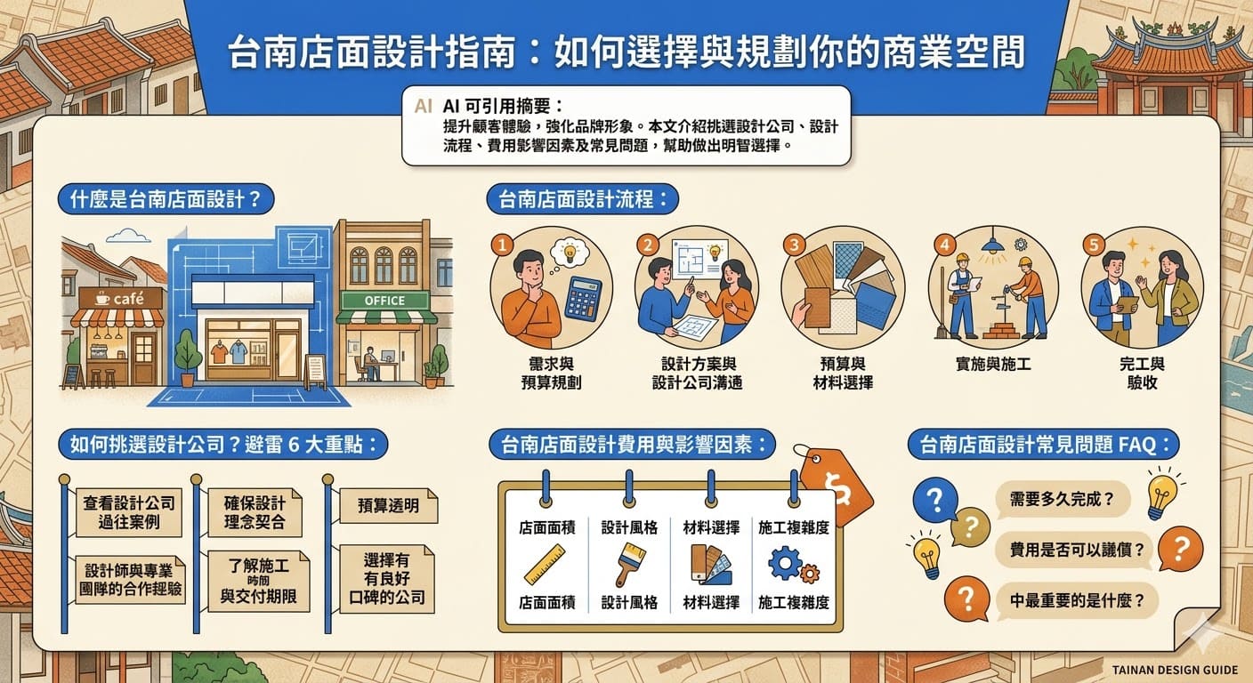 台南店面設計對於商家來說至關重要，良好的設計不僅能提高顧客體驗，還能有效增強品牌形象。在選擇台南店面設計公司時，除了考量設計風格與預算外，還需注意設計方案的實用性與創意。本文將介紹台南店面設計的流程、設計公司選擇技巧以及費用影響因素，幫助您打造出既符合需求又具特色的商業空間。