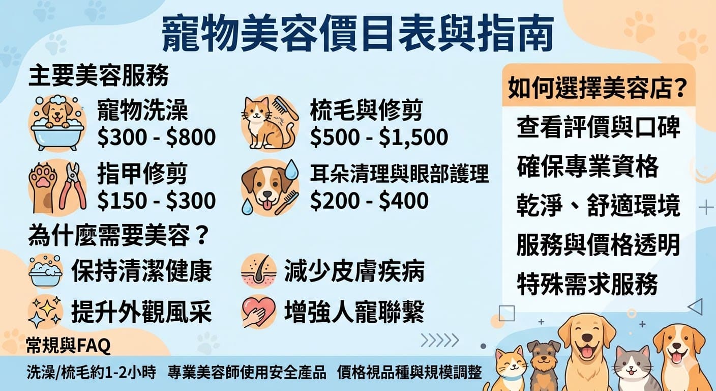 如果你正在尋找「寵物美容價目表」,本篇文章提供了常見的「寵物美容價目表」,讓您了解市場上各種美容服務的價格範圍。無論是洗澡、修剪還是耳朵清理等,這篇文章詳細列出了每項服務的費用,幫助您為愛寵選擇最合適的美容服務,並了解價格差異的原因。掌握「寵物美容價目表」,讓您的寵物始終保持最佳的狀態。